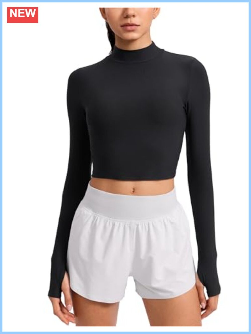 Cloudweight Mock Neck Crop Top Fitted Long Sleeve Thumbholes Workout